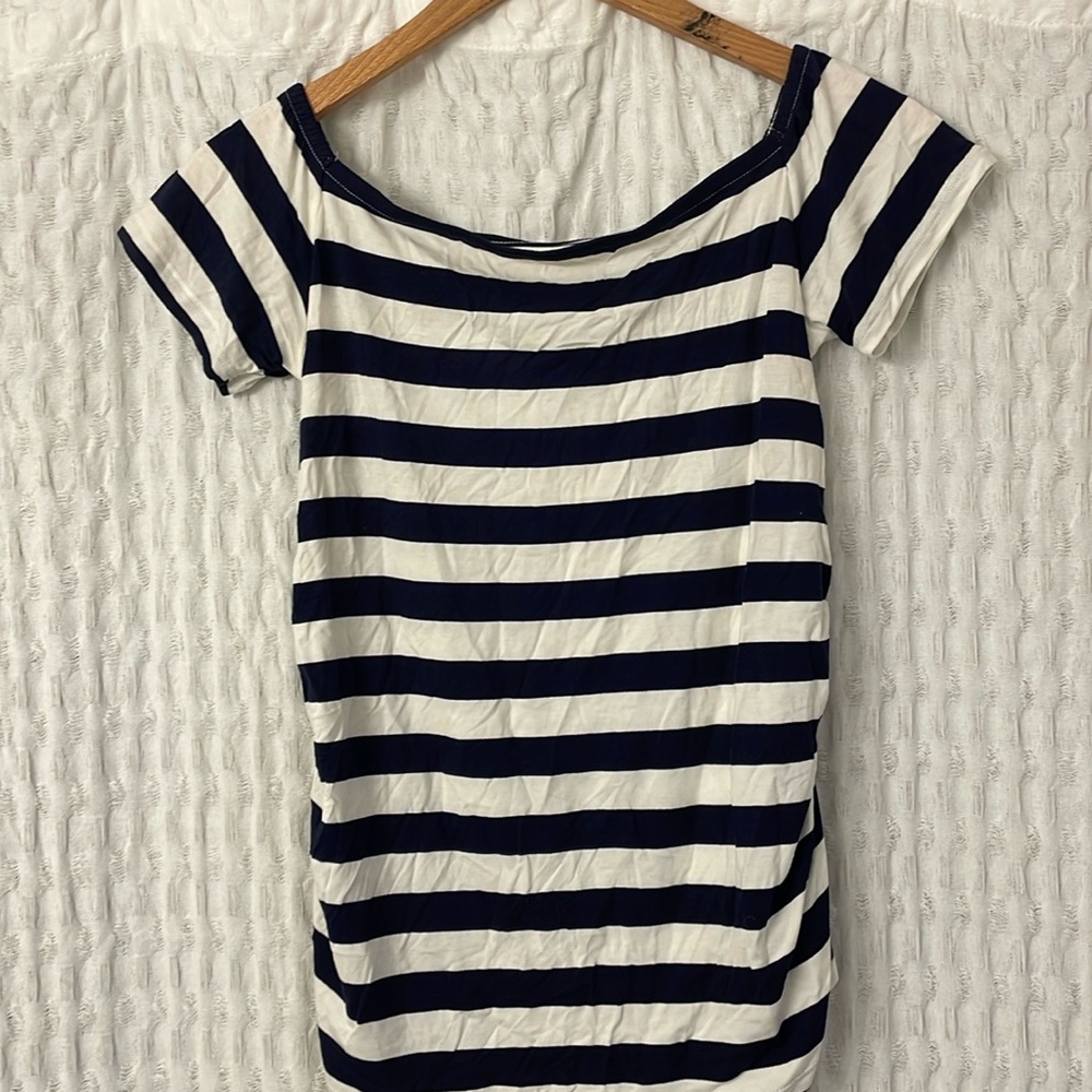 White and blue striped off the shoulder maternity top